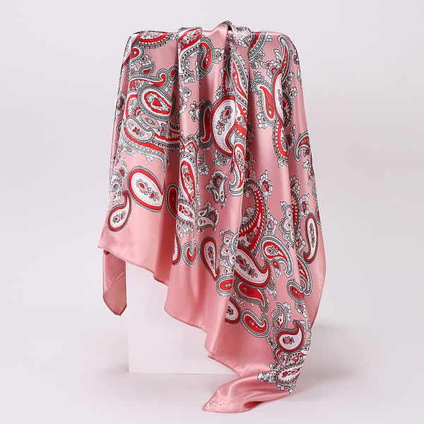 (Pinkki+Beige) Cashew Print Matching Color Large Square Scarf Women Turban Large Shawl Imitation Silk Scarf