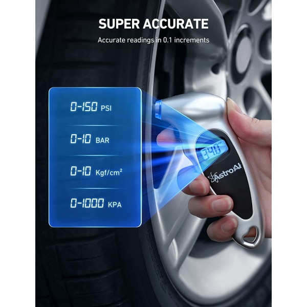 Digitaalinen rengaspainemittari 150 PSI 4 asetukset kuorma-auton polkupyörälle taustavalaistulla LCD-näytöllä ja liukumattomalla pitorenkaalla, hopea