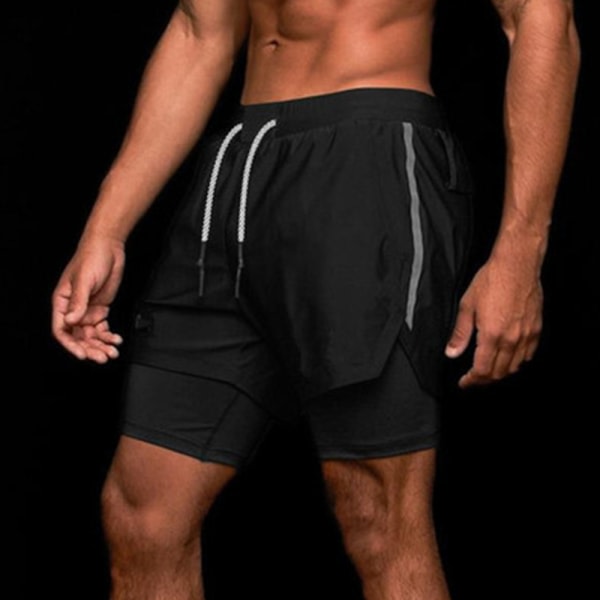 1 stk 2-i-1 træningsløbeshorts til mænd, korte bukser, sorte, L