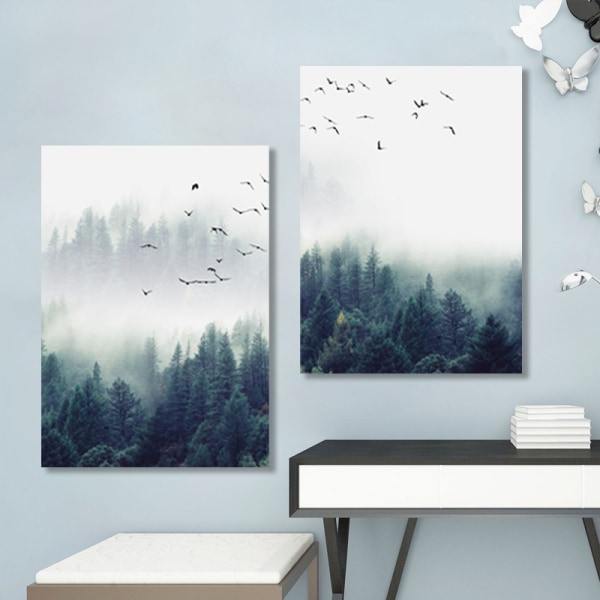 Set med 3 designaffischer, väggmålningar, skog och fåglar i dimman
