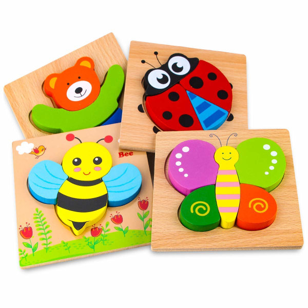 Træpuslespil Trælegetøj til børn 1 2 3+ 4 stykker træpuslespil Træ babylegetøj Dyretræpuslespil Pædagogisk legetøj til småbørn