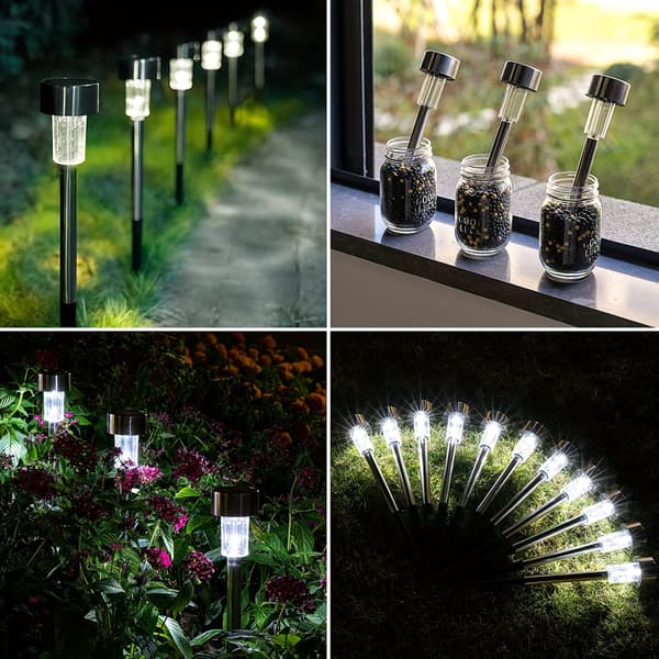 10 stk. Solar LED-lys Udendørs Rustfrit Stål Stanglys Solar Landskabsdekorative til Have White Light Plastic 10packs