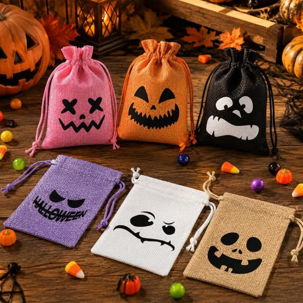 Presentpåsar i linne med dragsko, Halloween julkaraktär godispåsar, spöklik design, festgåvor Pink Forked Eyes