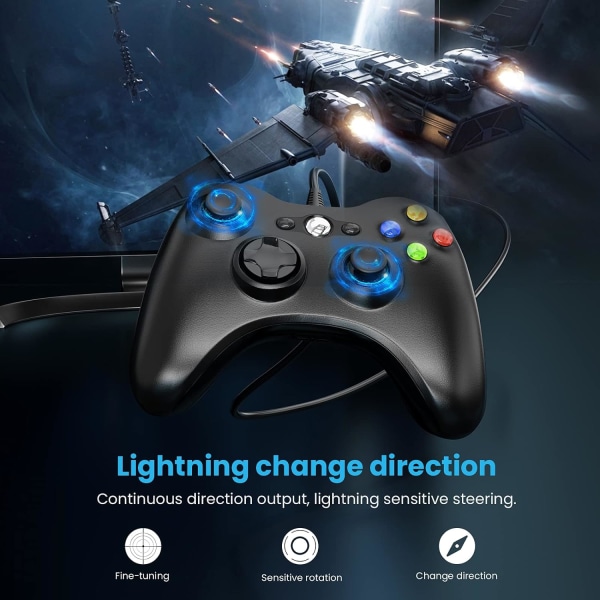 Kabeltilkoblet kontroll for Xbox 360, YAEYE Game Controller for 360 Black