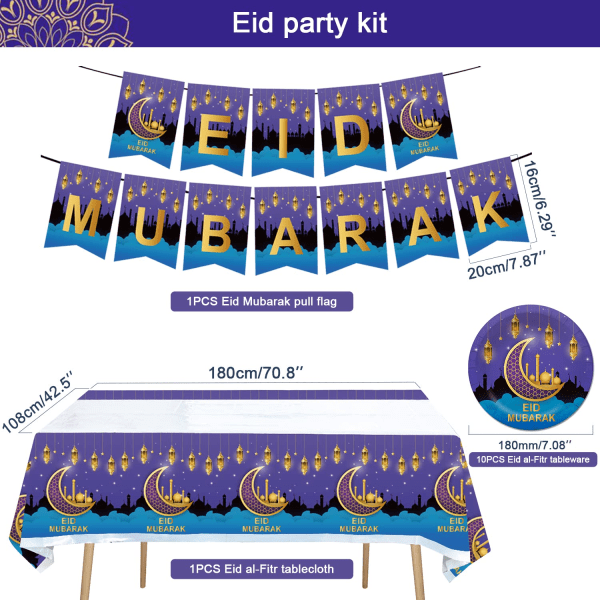 Eid Mubarak-festkit, banderoll, engångstallrikar och bordsdukskit