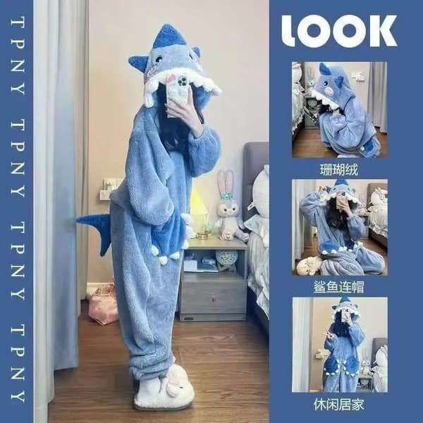 Sød haj-onesie til kvinder i koralfleece – varm og blød pyjamas til efterår og vinter shark bodysuit XL (130-145 lbs)