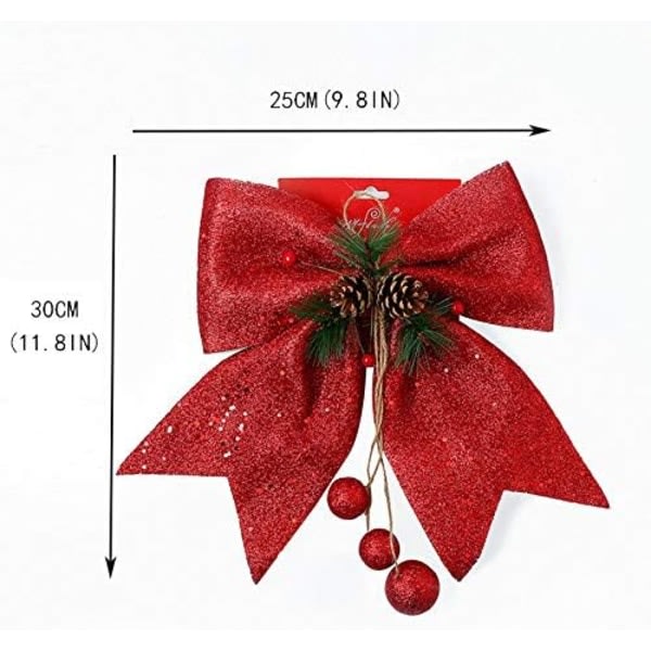 Sæt med 4 store pailletter julesløjfer med kegle til juletræsdekoration, røde kranse, pailletter sløjfer 25 x 30 cm (rød) Sunmostar
