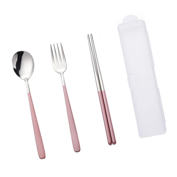 Rustfrit stål spisepinde ske gaffel sæt bærbart bestiksæt (tre-delt sæt - pink sølv)