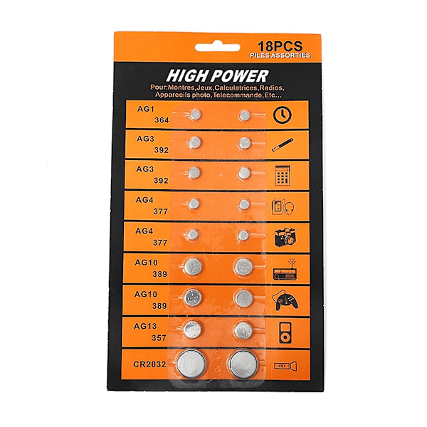 18 Stykker Alkaliske Knapcellebatterier Sæt Ag1/lr621 Ag3/lr41 Ag4/lr626 Ag10/lr1130 Ag13/lr44 Cr2032 Møntbatterier til Ur