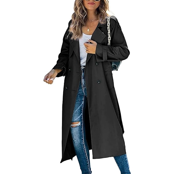 Loalirando - Trenchcoat Dubbelknäppt Klassisk Lång Jacka Vindtät Höst Vårjacka black M