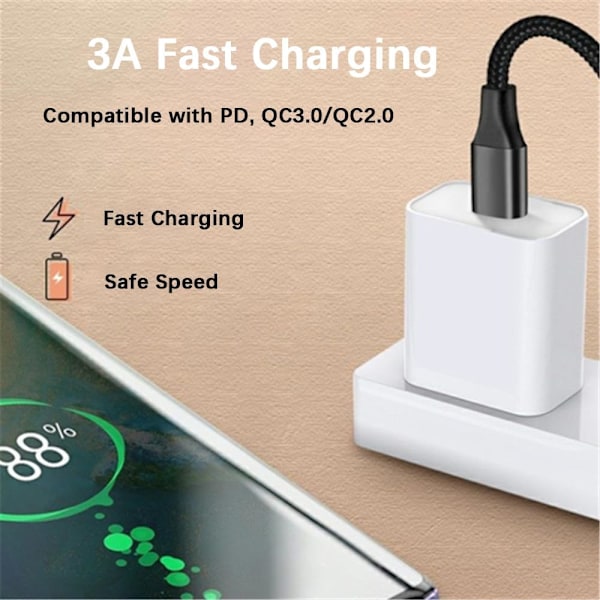 [2-pak/1M] USB C til USB C-kabel, flettet 60W 20V/3A USB Type C til Type C PD hurtigladekabel 90 grader (svart)