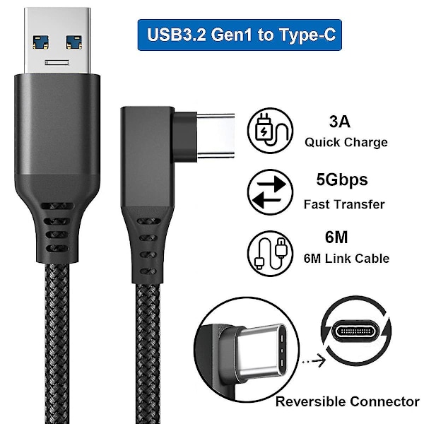 Link-kabel för Oculus Quest 2 Snabbladdning & PC-dataöverföring USB C 3.2 Gen1 5gbps Pd-överföringsladdningskabel Vr-headset Link-kabel Svart Black 6M