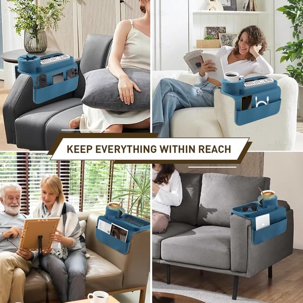 Silikon Sofakoppholder - Sklisikker Sofa Armlenebrett med Koppholder og 4 Lommer, Sammenleggbart Sofa Armlenebrett (Lyseblå) Light Blue