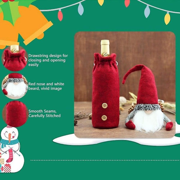 Julevinflaskedekselposer, julenissevinflaskedekselgavepose, Gnome Bottle Topper-deksel til julen Borddekorasjoner 3-pack