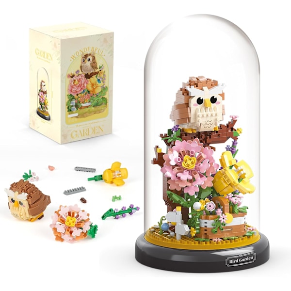Uggla Blombukett Byggsats för Vuxna, Djur Blommor Växter Dekor med Dammskydd, Födelsedagspresent Byggleksak för Pojkar Flickor, 1123 PCS Mini
