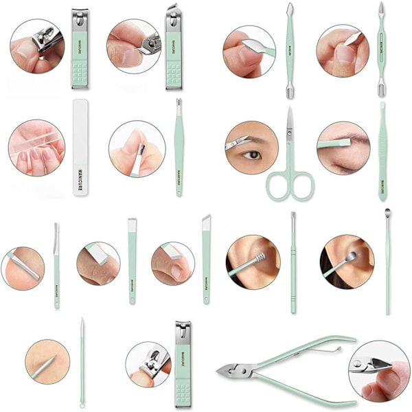 Nagelklippare Bärbar Set - Manikyrset Rostfritt Stål Nagelklippare Set Med Fällbar Väska Manikyr Cutter Kits(16PCS/SET, Grön)