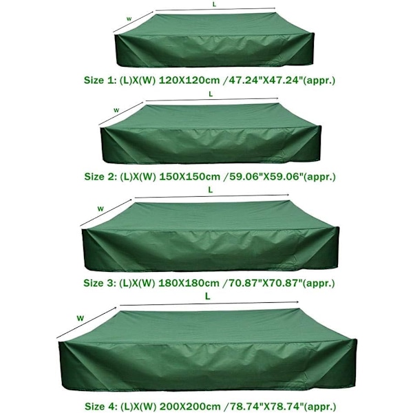 Hiekkalaatikon kansi, vedenpitävä, pölytiivis, UV-suoja, neliönmuotoinen kansi kiristysnarulla hiekkalaatikolle, leluille ja huonekaluille green 200*200*20cm