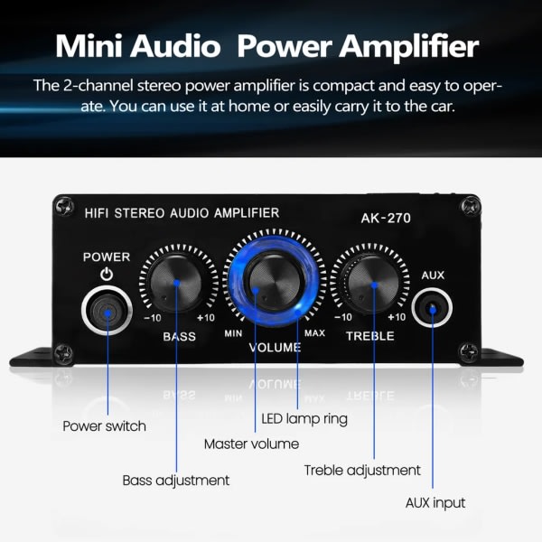 AK270 Mini Audio 2-kanals bærbar forsterker AUX-inngangshøyttaler for bil og hjem