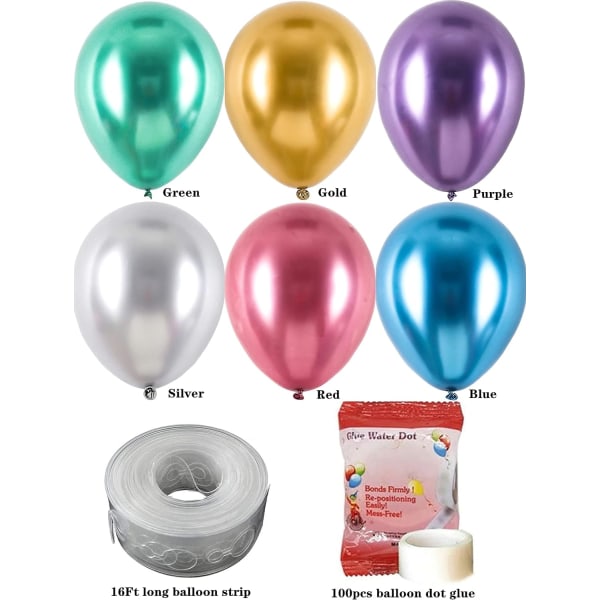 Farverige festballoner 100 stk. 12 tommer krom metalliske heliumballoner til fødselsdagsfestdekoration og buedekoration bryllup fødselsdag baby shower