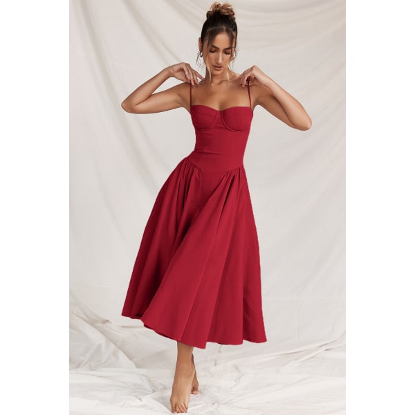 Ny fransk vintage lang kjole Palace Style strop kjole pige rød L
