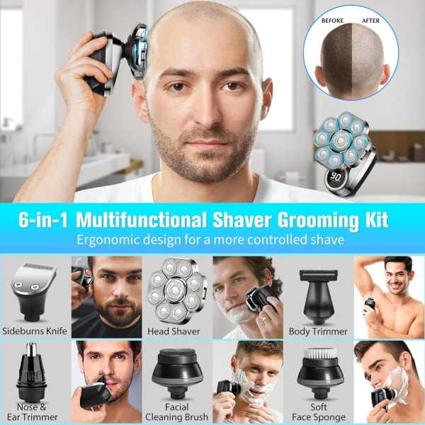 Hodebarbermaskin for menn, 9D, IP67 vanntett roterende skjeggbarbermaskin for menn, 6 i 1 pleiesett elektrisk barbermaskin