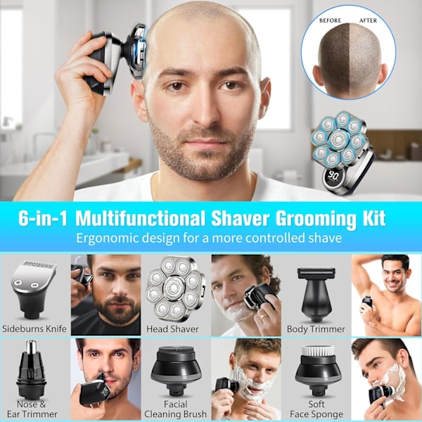 Huvudrakare för Män, 9D, IP67 Vattentät Mäns Rotationshuvud Skäggtrimmer, 6 i 1 Grooming Kit Elektrisk Rakapparat