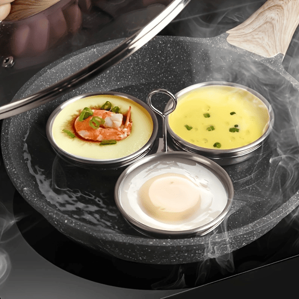 Egg Steamer-sett i rustfritt stål, 1 stativ 3 brett for kokte og posjerte egg, frokost