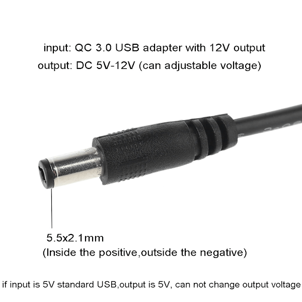 Universaali QC 3.0 USB - 5V-12V säädettävä jännite Step Up 5.5x2.1mm kaapeli tehostuslinja WiFi-reitittimelle LED-nauhalle