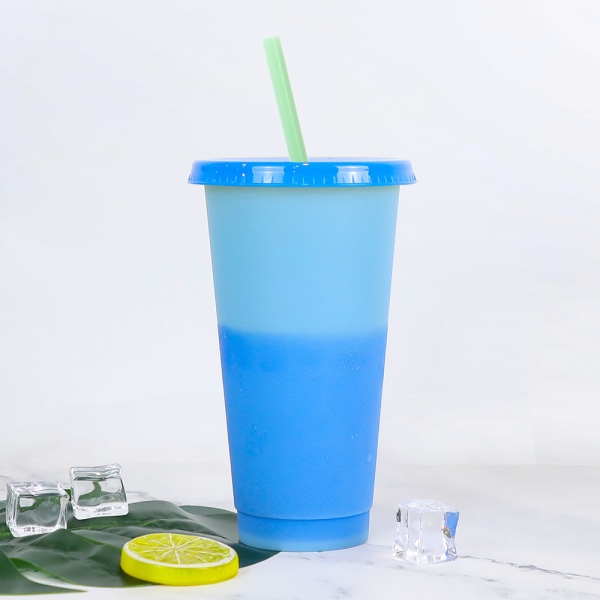 Farveskiftende kopper Tumblere med låg og sugerør - 5 Pack 24 oz Genanvendelige plastikkopper Iskaffekop Koldt vand Farveskifte festglas til drinks