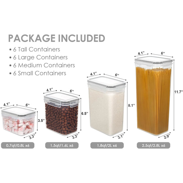 Lufttætte fødevarebeholdere med låg, 24 stk. plastbeholdere til køkken og spisekammer til opbevaring af korn, tørvarer, inklusive 24 etiketter