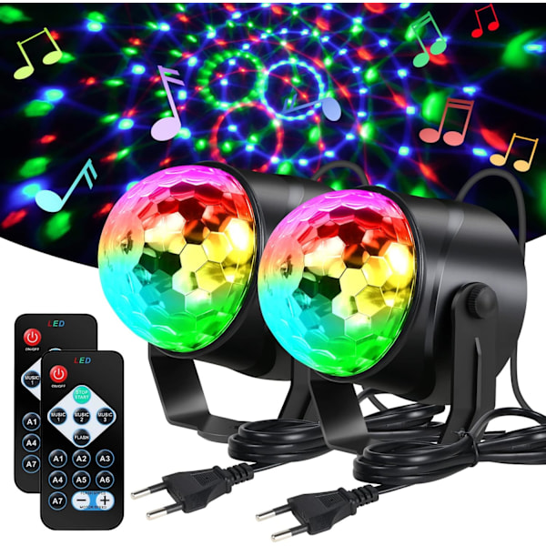 Discolampa, 2 st 7 färger RGB Discokula 360° Rotation med Fjärrkontroll, Bärbar Plug and Play Röststyrd Scenbelysning