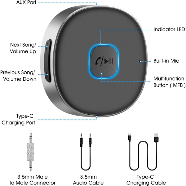 Bluetooth Aux Modtager, Bærbar 3.5mm Aux Billader, Bluetooth 5.0 Trådløs Lydmodtager til Bil/Hjem Stereo/Ledninger Hovedtelefoner/Højttaler