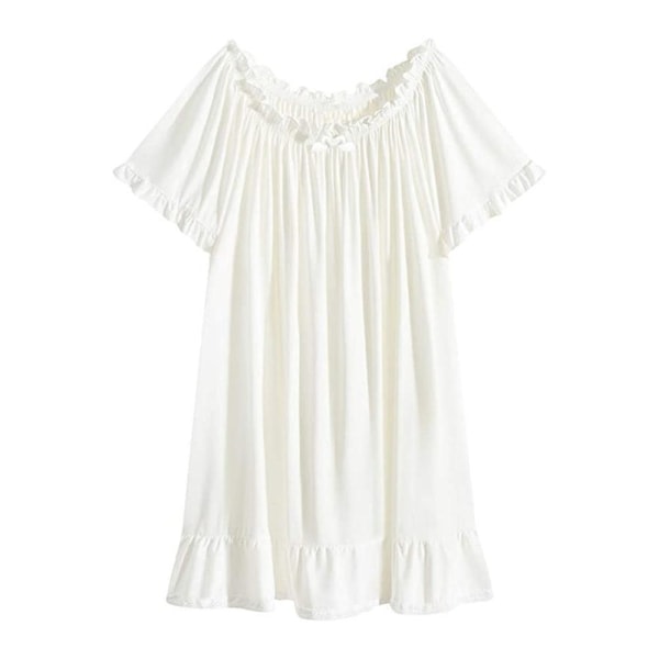 Kvinne bomullsnattkjole vintage lett kjolesett kortermet prinsesse nattkjole (XL, hvit)