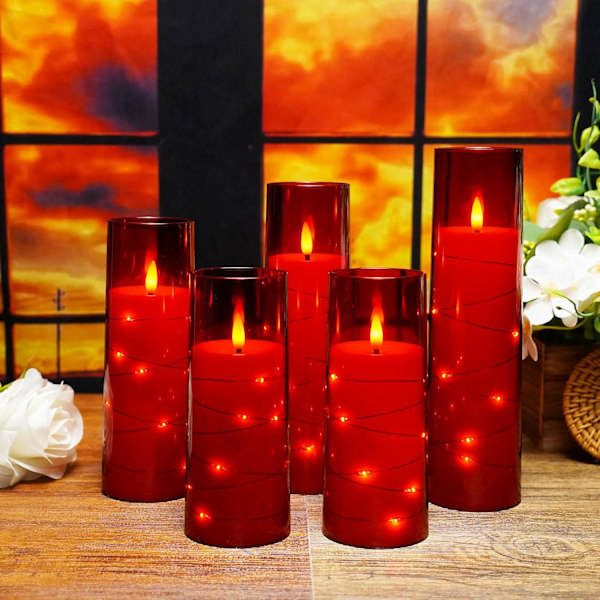 Flammeløse LED-lys med timer 5 stk Flimrende flammeløse lys, med innebygd stjernelys, batteridrevne lys (rød)