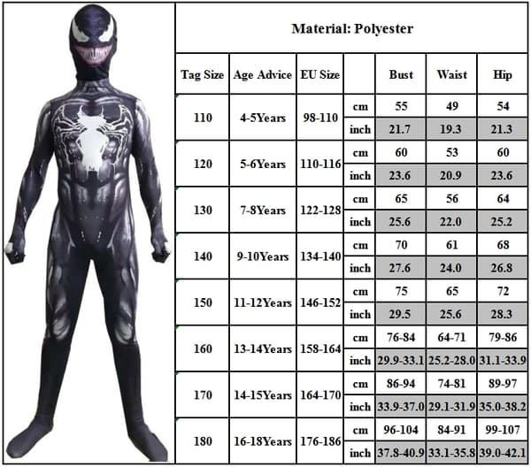 Superhelt Venom Kostyme Jumpsuit for Barn 13-14 Years