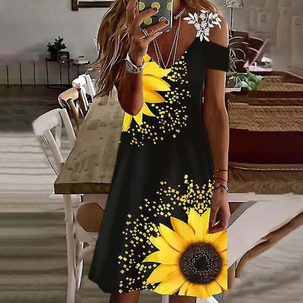 Women Print Sundress Casual Summer T Shirt Dress Off Shoulder Short Mini Dresses_OP Black Sunflower Black Sunflower L