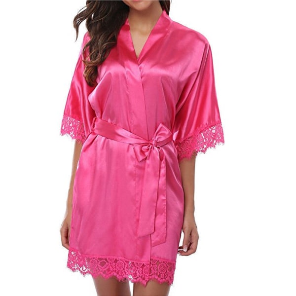 Damunderkjole Robe, Satin Soveklær Blonder Kimono Sexy Silke Morgenkåper Rosa Pink M