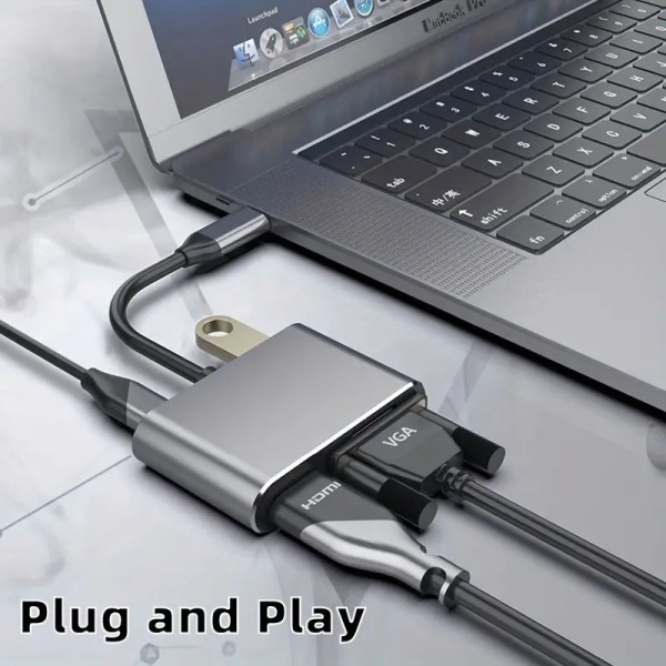 USB C Hub til HDMI VGA Multiport Adapter, 4-i-1 USB C til VGA Multi-Port