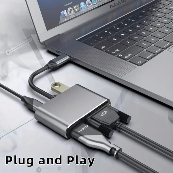 USB C Hub till HDMI VGA multiportadapter, 4-i-1 USB C till Vga multiport