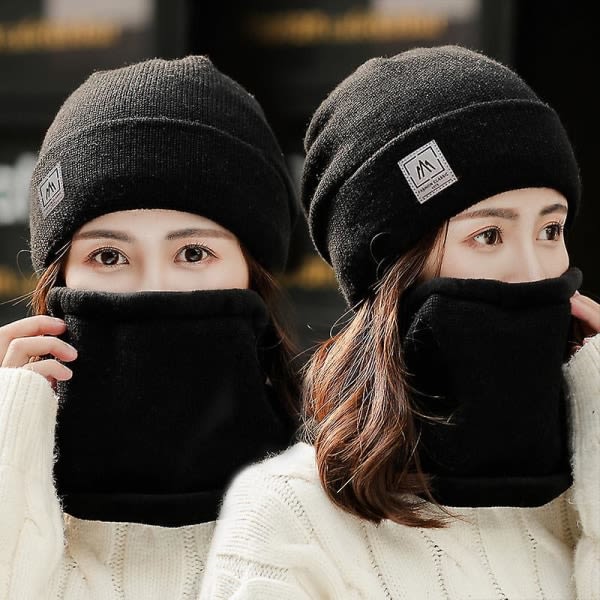 Varm vinterstrikket huetørklæde i fleeceforet til kvinder Koreanske mænds unisex huetørklæde sæt med 2, mørkegrå