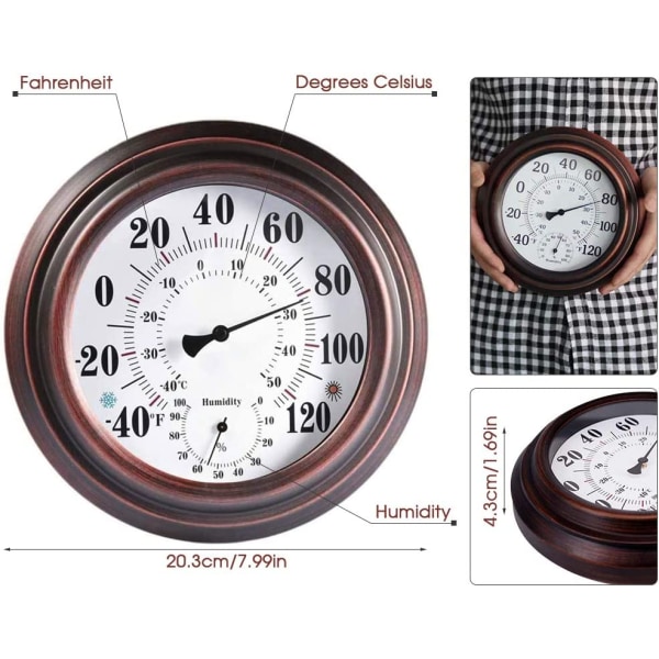 20 cm retro termometer hygrometer, antikt jerntemperatur- og fugtighedsmåleinstrument til indendørs udendørs