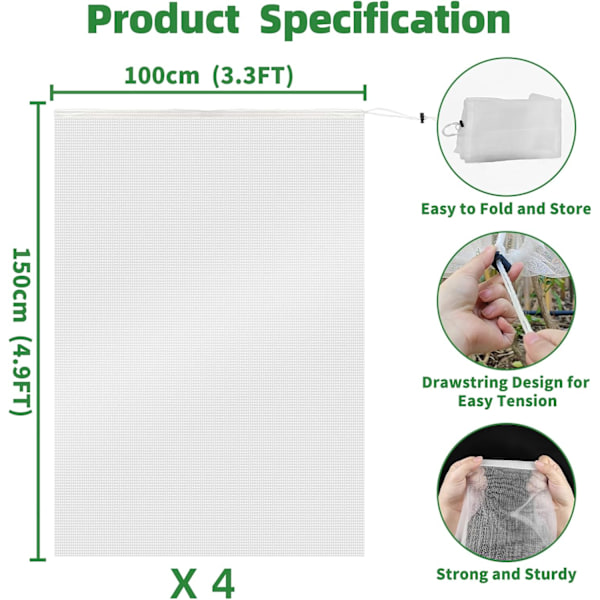 4-pak Haveplante Dyrebeskyttelsesnet med Snøre, 1 m x 1,5 m Tomat Blåbærbuske Net Haveplante Net Barriereposer_xx 100×150cm