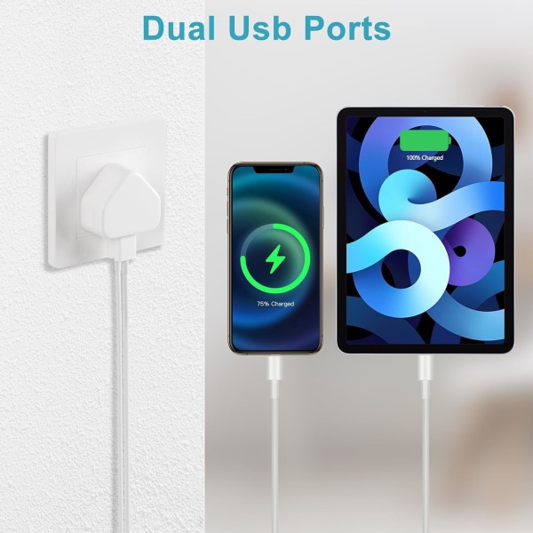 Pakke med 3 Dual Port USB-veggpluggadapter UK Kompakt strømlading 2,1A