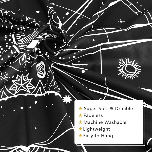 Vægtæppe til soveværelse æstetik, Sol Måne Stjerne Astrologi Vægophæng, Sort Hvid Psykedelisk værelsesdekoration, Mystisk Vægdekoration (130x150cm)
