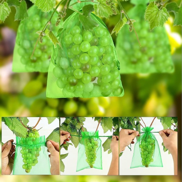 200 delar Bunch Protection Bag 30x20cm Grape Fruit Organza Bag med dragsko ger fullt skydd mot getingar, fåglar och andra insekter