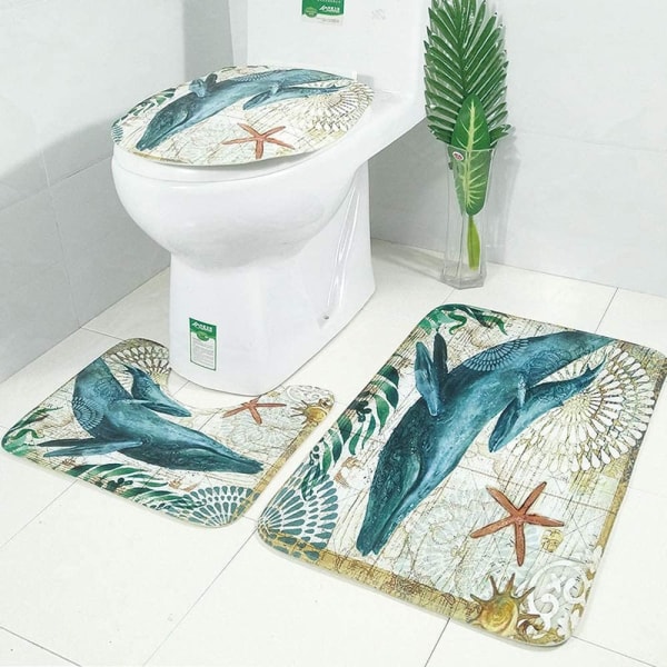 3-delad print Halkfri mjuk badmatta Set WC Konturmatta överdrag Whale Seat Toalettfilt