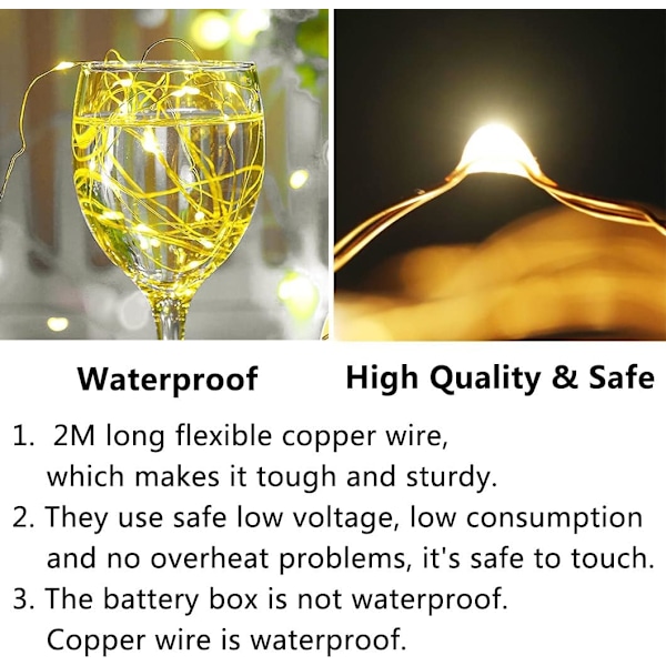12 st Ljusslingor, 20 LED-lampor Koppartråd Batteridrivna, 2m Mikrobelysning, Födelsedag Inomhus Utomhus Dekoration Camping, Varmvit