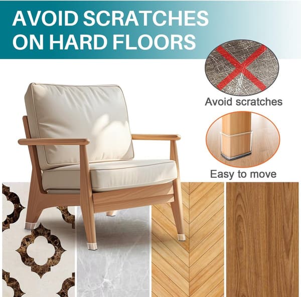 24 st stolsbenskydd - Rektangulära anti-rep golvskydd - Transparenta möbelbensskydd i silikon - Stol Grå - Liten grijs - S