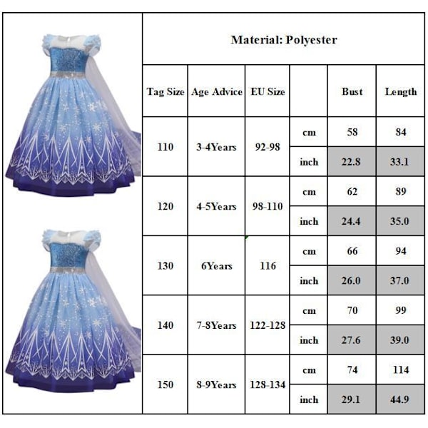 Pakkasprinsessan Mekko Laps Tyttö Cosplay Syntymäpäiväjuhlat Prinsessamekko 130 cm