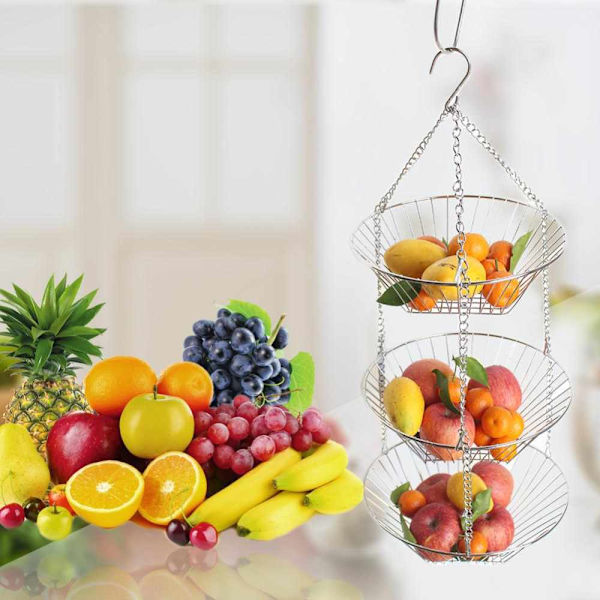 Rustfrit frugtkurv i rustfrit stål med 3 lag, kreativ frugtskål, afløbskurv, husholdningsfrugtkurv, opbevaringskurv 40